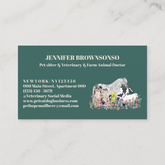 Carte De Visite Cheval Vert Beige Vache Mouton Chien Chat Animaux (Dos)