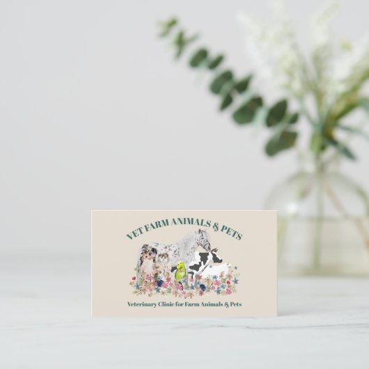 Carte De Visite Cheval Vert Beige Vache Mouton Chien Chat Animaux (Debout devant)