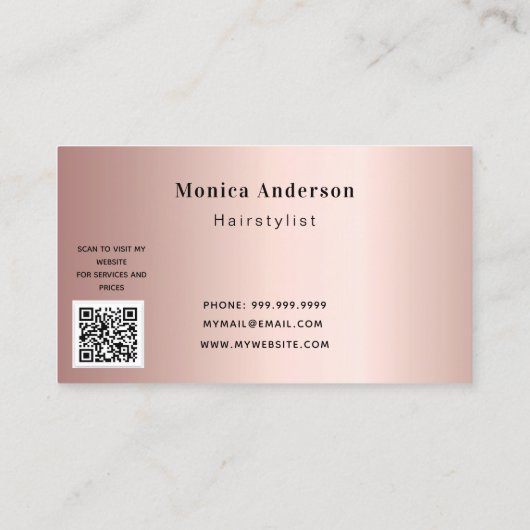 Carte De Visite Cheveux rose or blush élégant code QR script (Dos)