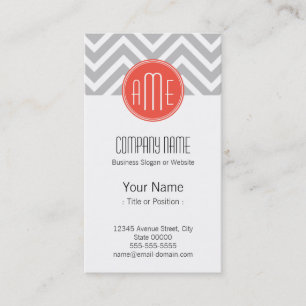 Carte De Visite Chevron Gris et Monogramme Personnalisé Corail