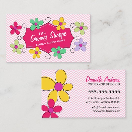 Carte De Visite Chevron Zigzag Cadre de Doodle Floral Rose (Devant / Derrière)