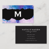 Carte De Visite Chic Aquarelle bleu violet émaillé avec Monogramme (Devant / Derrière)
