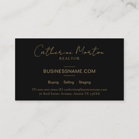 Carte De Visite Chic Black and Gold Script Luxe Immobilier (Dos)
