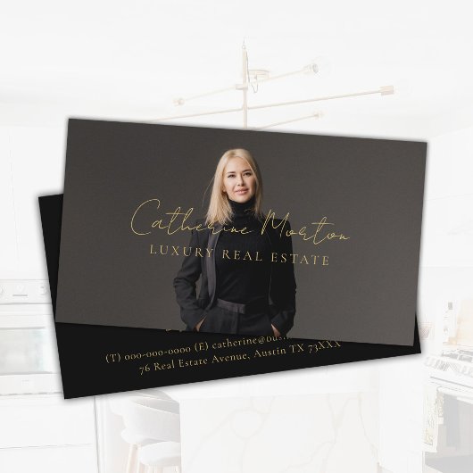 Carte De Visite Chic Black and Gold Script Luxe Immobilier