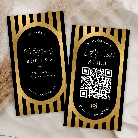 Carte De Visite Chic Black & Gold Stripes Social Media QR Code
