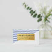 Carte De Visite Chic Blanc Bleu Motif Faux Métallo Or (Debout devant)