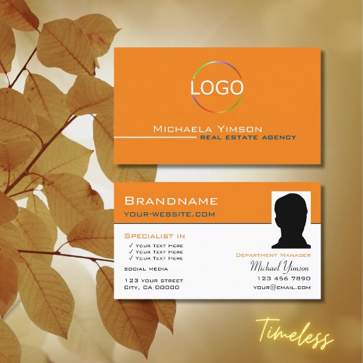 Carte De Visite Chic blanc orange avec logo et professionnel photo