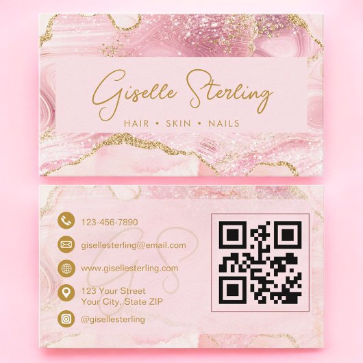 Carte De Visite Chic Blush Pink Gold Agate Marble QR Code Luxe