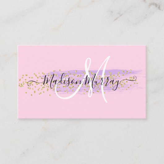 Carte De Visite Chic Blush Pink Gold Confetti Lilac Monogramme Nom (Devant)