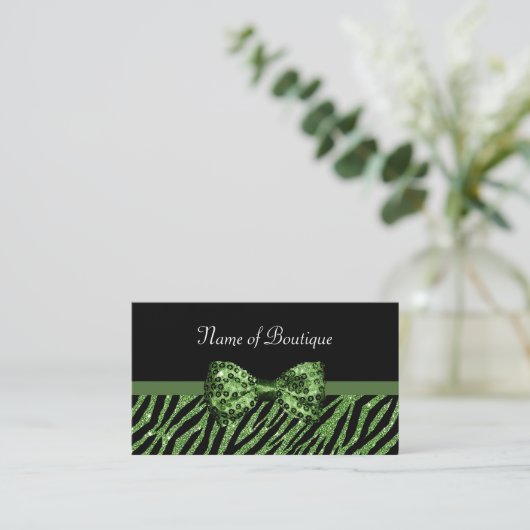 Carte De Visite Chic Boutique Green Zebra FAUX Glitz Bow (Debout devant)
