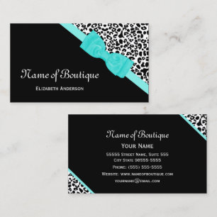 Carte De Visite Chic Boutique noir et blanc Leopard Aqua Ribbon