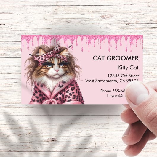 Carte De Visite Chic Cat Groomer Sitter Parties scintillant rose g