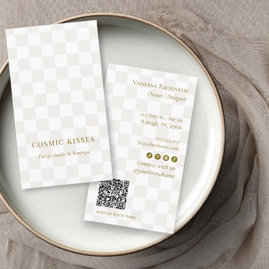 Carte De Visite Chic Checker Tan Gold QR Code Boutique Vertical