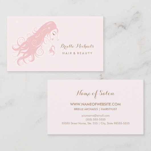 Carte De Visite Chic Coiffeuse Rose Femme Avec Longs Cheveux (Devant / Derrière)