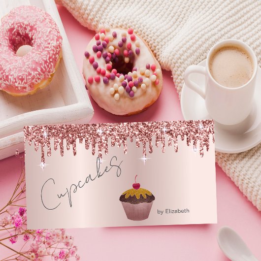Carte De Visite Chic Cupcakes Cherry Rose Gold Drips