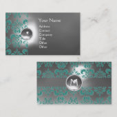 Carte De Visite CHIC DAMASK GEM MONOGRAM blanc bleu (Devant / Derrière)