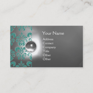 Carte De Visite CHIC DAMASK GEM MONOGRAM blanc bleu