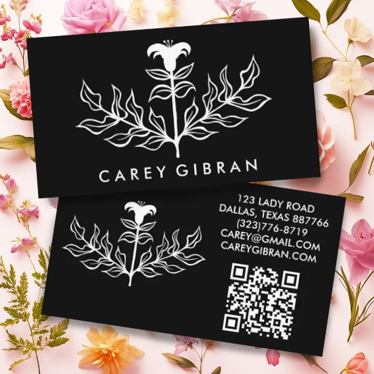 Carte De Visite Chic Elegant Lily Line Dessin CUSTOM QR Code