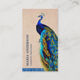 Carte De Visite Chic Élégant Toile de Jute Bleu Paon Indien