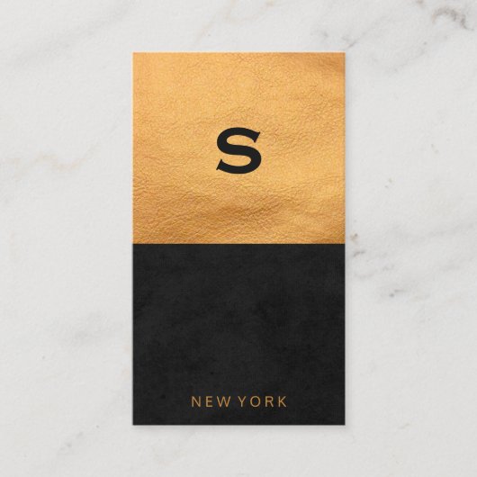 Carte De Visite Chic en cuir doré noir lisse | Bloc couleur (Devant)
