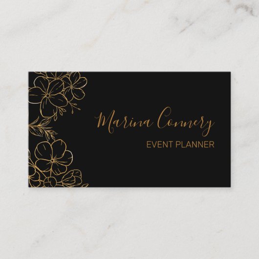Carte De Visite Chic Floral Line Drawing Black Gold Event Planner (Devant)