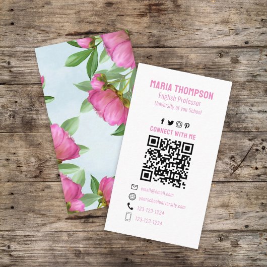 Carte De Visite Chic Floral Peony Professional QR Code Simple