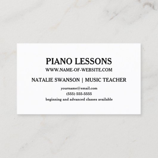 Carte De Visite Chic Floral Piano enseignant Notes musicales moder (Dos)