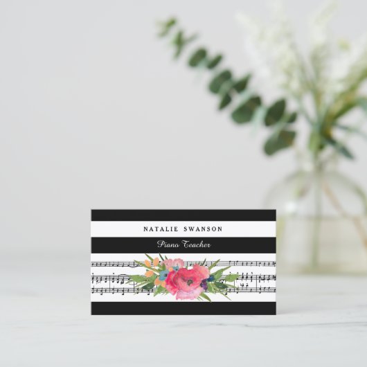 Carte De Visite Chic Floral Piano enseignant Notes musicales moder (Debout devant)