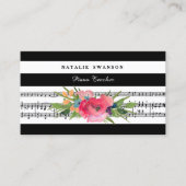Carte De Visite Chic Floral Piano enseignant Notes musicales moder (Devant)