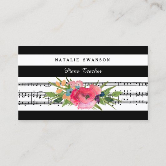 Carte De Visite Chic Floral Piano enseignant Notes musicales moder (Devant)