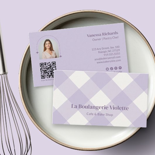 Carte De Visite Chic Gingham Purple Bakery QR Photo