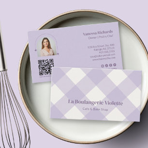 Carte De Visite Chic Gingham Violet Photo de Boulangerie QR