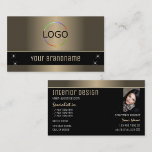 Carte De Visite Chic Gold Brown Black Stylish avec logo et photo