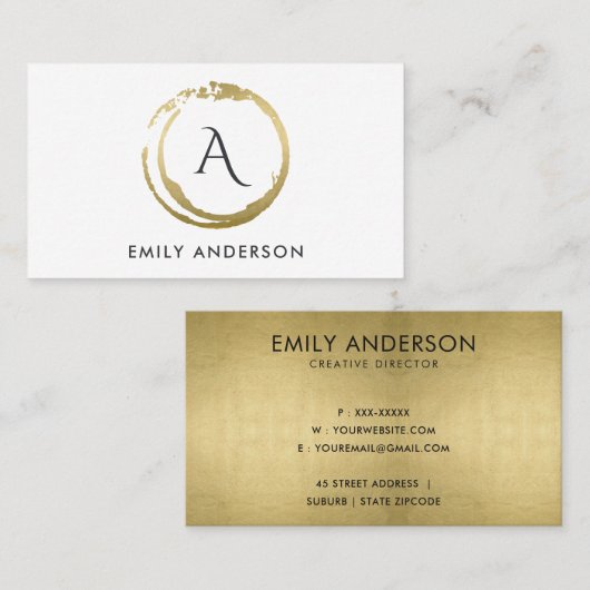 CARTE DE VISITE CHIC GOLD BRUSH STROKE CIRCLE LOGO MONOGRAM (Devant / Derrière)