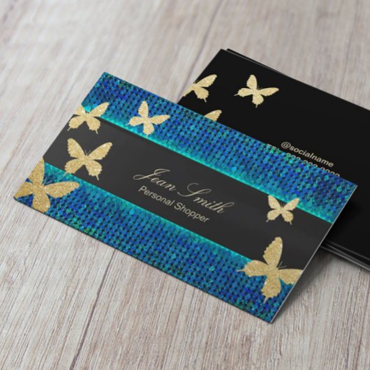 Carte De Visite Chic Gold Butterflies Turquoise & Blue Personal Sh