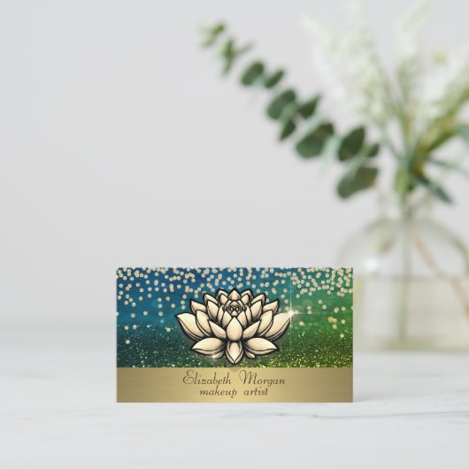 Carte De Visite Chic Gold Diamonds Lotus Green Bokeh (Debout devant)