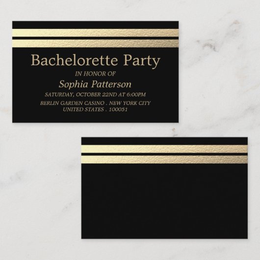 Carte De Visite Chic Gold Foil Stripes Bachelorette Party Bicket (Devant / Derrière)