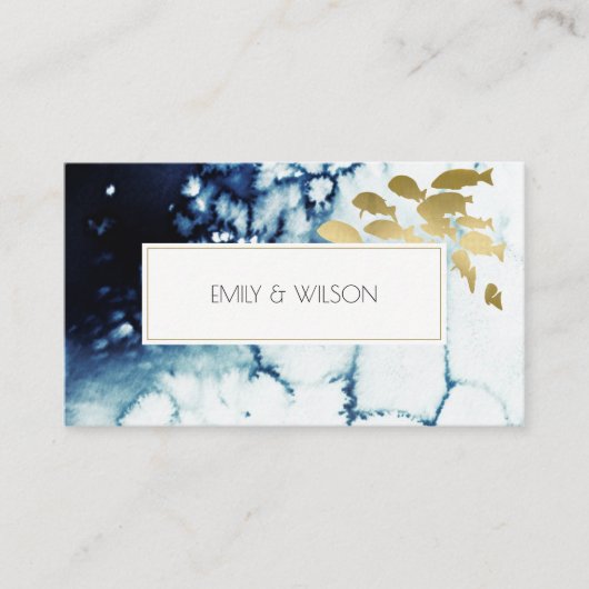 CARTE DE VISITE CHIC GOLD NAVY UNDERWATER SEA FISH MARIAGE SITE WE (Devant)