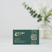 Carte De Visite Chic Green Gold Floral Coiffeur Beauté QR Code (Debout devant)