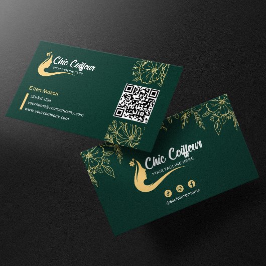 Carte De Visite Chic Green Gold Floral Coiffeur Beauté QR Code