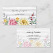 Carte De Visite Chic Gris rayures rose et rose jaune Floral (Devant / Derrière)