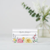 Carte De Visite Chic Gris rayures rose et rose jaune Floral (Debout devant)
