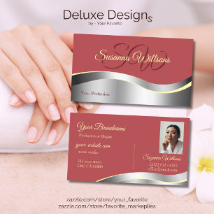 Carte De Visite Chic indien Rouge Vague Argent Initiales Décor Pho