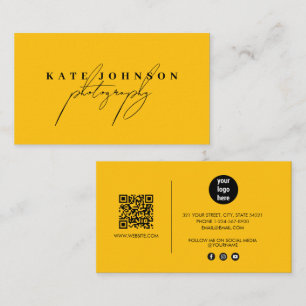 Carte De Visite Chic Jaune Signature Script QR Code Médias sociaux