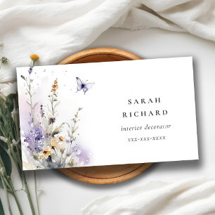 Carte De Visite Chic Lilac Purple Fleur sauvage Papillon Aquarelle