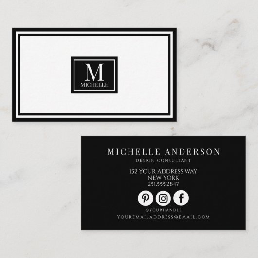 Carte De Visite Chic Luxe Monogramme Moderne Noir Blanc (Devant / Derrière)