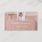 Carte De Visite Chic Luxe Rose Script Intérieur Designer Photo QR (Devant)