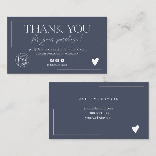 Carte De Visite Chic marine bleu logo script commander merci (Devant / Derrière)