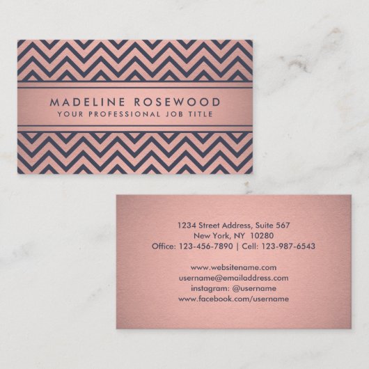 Carte De Visite Chic marine moderne et rose Chevron Faux Foil (Devant / Derrière)