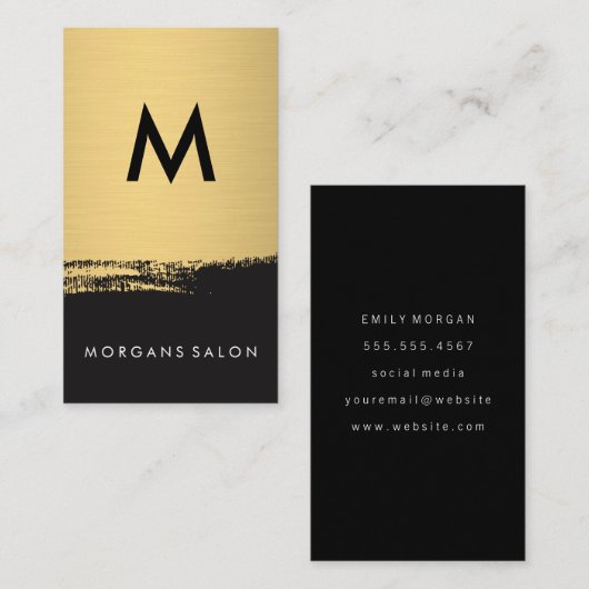 Carte De Visite Chic Monogramme Faux Métallic Or Brossé Noir (Devant / Derrière)